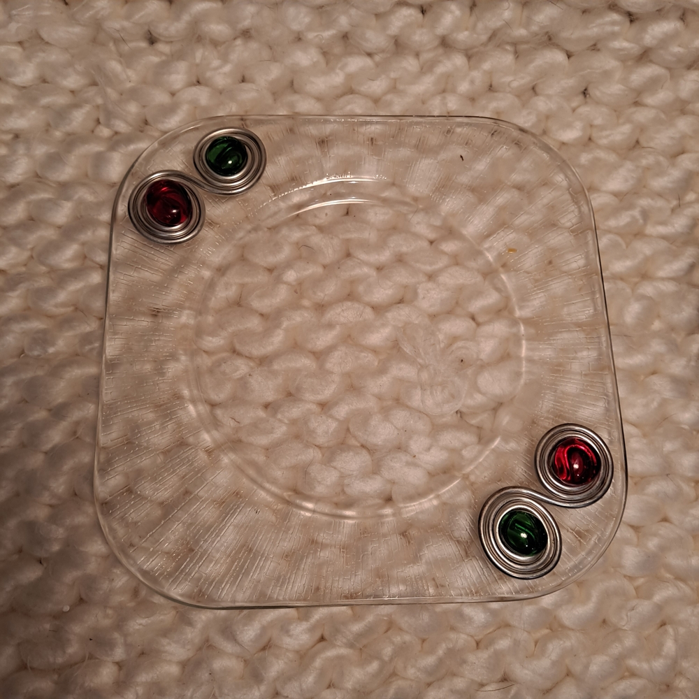 Clear Glass Dary Rees Square Plate with Red & Green Stone Accents Coiled